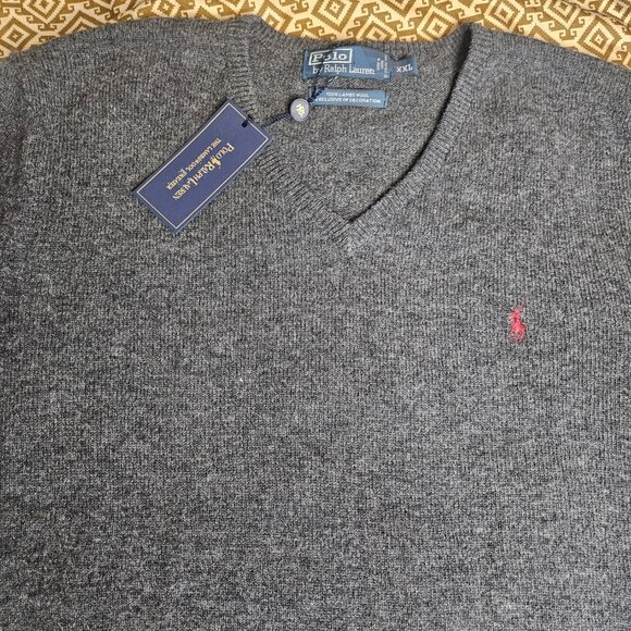 NWT Polo Ralph Lauren Mens 100% Lambswool V Neck Sweater SZ XXL Gray Pony Preppy - Picture 10 of 13